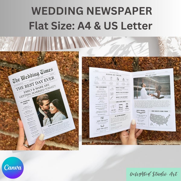 Editable Wedding Infographic, Printable Wedding Timeline, Folded Newspaper Wedding Program, Canva Template, Printable Wedding Programs