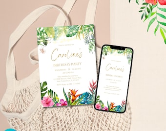 Tropical Birthday Party Invitation: Aloha Theme, Editable Canva Template