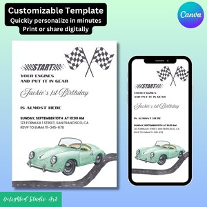 Vintage Race Car 1st Birthday Invitation Template (Digital Download)