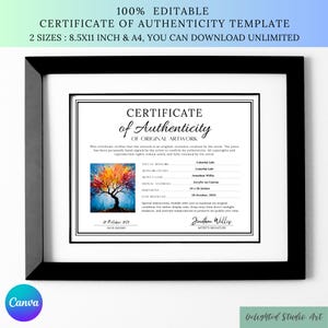 May include: A framed certificate of authenticity template with the text "100% Editable" and "2 Sizes: 8.5x11 inch & A4". The certificate includes details like the artwork title, artist's name, and dimensions of 24 x 36 inches.