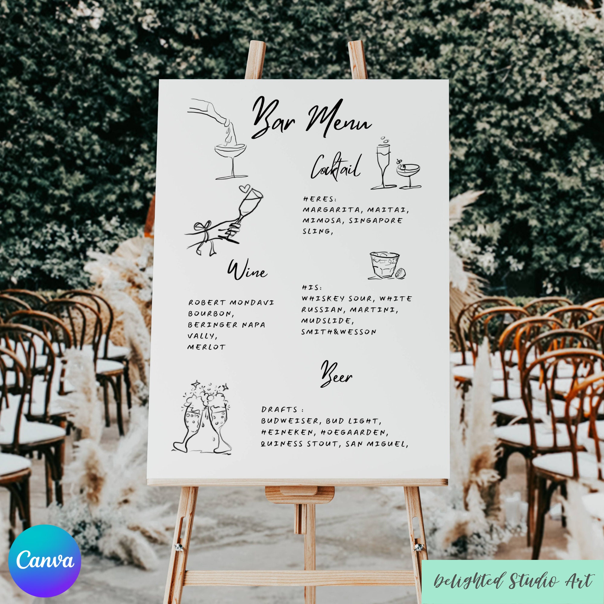 Hand Drawn Editable Wedding Bar Menu Template, Handwritten Cocktail ...