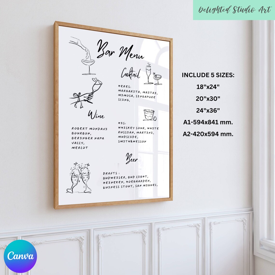 Hand Drawn Editable Wedding Bar Menu Template, Handwritten Cocktail ...