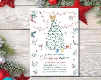May include: A Christmas party invitation with a hand-drawn Christmas tree, gifts, and champagne glasses. The invitation text reads "Christmas Party" and includes event details. Festive holiday design with red and green accents.