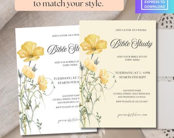 Puede incluir: Una invitación imprimible para un grupo de estudio bíblico. La invitación presenta una ilustración de acuarela de flores amarillas y hojas verdes. El texto de la invitación dice "Bible Study" e incluye detalles sobre la hora, la fecha y la ubicación del estudio.