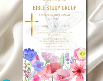 Könnte beinhalten: Einladung zu einer Bibelstudiengruppe mit einem Aquarell-Blumenmuster. Die Einladung enthält den Text "Bible Study Group", "8 Wochen jeden Dienstag", "April 8 | 19:00 Uhr", "Lasst uns in Glauben, Weisheit und Gemeinschaft wachsen!" und "NewLifeChurchWebsite.com".