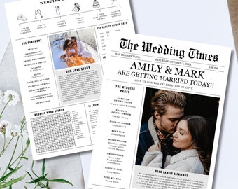 Editable Wedding itinerary, Wedding Newspaper, Folded Newspaper, Wedding Newspaper Program, Wedding timeline, Printable Wedding Infographic