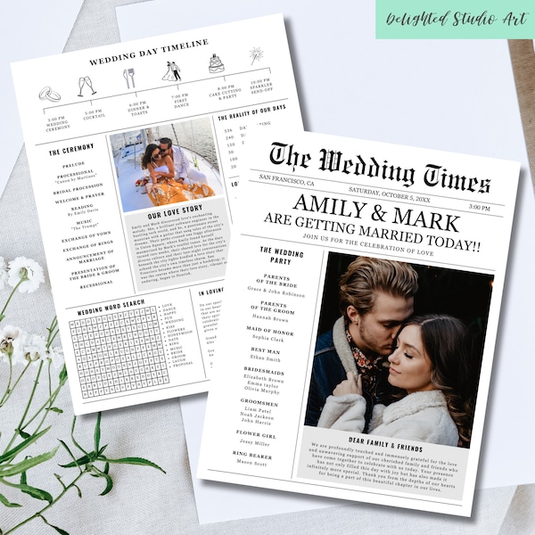 Bearbeitbarer Hochzeitsplan, Hochzeitszeitung, Gefaltetes Zeitungspapier, Hochzeitszeitungspapierprogramm, Hochzeitszeitleiste, Hochzeitsinfografik