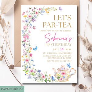Modello di invito per il 1° compleanno con farfalla e fiori selvatici modificabile, invito per la festa del tè in giardino con farfalla e fiori stampabile, download immediato