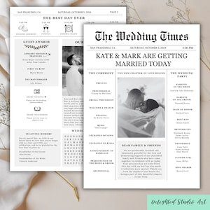 May include: A black and white wedding announcement newspaper template with the headline "The Wedding Times" and the text "Kate & Mark are getting married today". The announcement includes details about the wedding ceremony and reception, including the names of the wedding party.