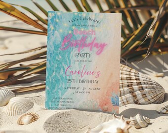 Beach Birthday Invitation: Editable Canva Template (Digital Download)