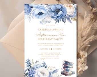 May include: An invitation for Sabrina Hawkins' Afternoon Tea Birthday Party. The design features blue floral watercolor illustrations and gold text. The invitation includes the date, time, and location: August 14, 2:00 PM at The Sweet Garden House.