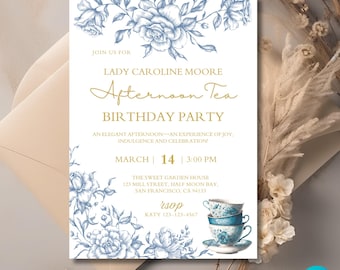 Blue Floral Afternoon Tea Birthday Invitation: Vintage Garden Party (Digital Template)