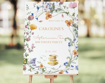 Afternoon Tea Birthday Welcome Sign: Editable Spring Garden Party (PDF Download)