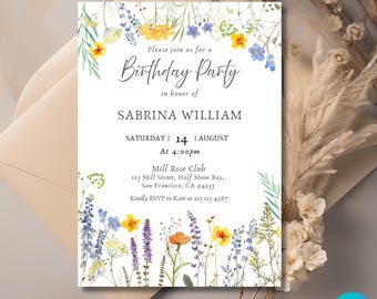 May include: A floral birthday party invitation with a white background and a border of watercolor wildflowers in shades of blue, yellow, and purple. The text reads "Please join us for a Birthday Party in honor of Sabrina William Saturday 14 August At 4:00pm Mill Rose Club 123 Mill Street, Half Moon Bay, San Francisco, CA 94133 Kindly RSVP to Kate at 123 123 4567"