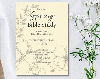 Puede incluir: Una invitación de color crema con un diseño floral y el texto "Join us for a Spring Bible Study". La invitación incluye el título y la descripción del estudio bíblico, la fecha y la hora, la ubicación y la información de RSVP.