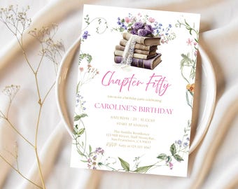 May include: A white invitation card with a floral border and a stack of books with a purple ribbon. The text on the card reads "Chapter Fifty" and "Caroline's Birthday". The invitation details a birthday party on Saturday, 25 August at 10:00 AM at The Smiths Residence, 123 Mill Street, Half Moon Bay, San Francisco, CA 94133. RSVP at 123-123-4567.