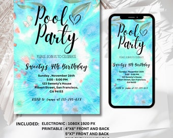 Editable Pool Party Invitation: Smartphone Electronic Invite (Digital Download)