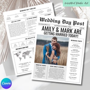 May include: A wedding announcement in the style of a newspaper with a black and white design. The headline reads "Wedding Day Post" with the date and location of the wedding. The couple's names are listed below the headline, followed by the text "Getting Married Today!!". A photo of the couple is featured in the upper right corner. The wedding party is listed on the right side of the announcement, including the names of the parents of the bride and groom, the maid of honour, best man, bridesmaids, groomsmen, flower girl, and ring bearer.