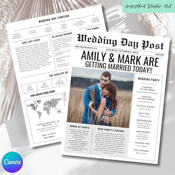 Editable Wedding itinerary template, Printable Wedding Folded Newspaper program, DIY Infographic timeline program, welcome bag