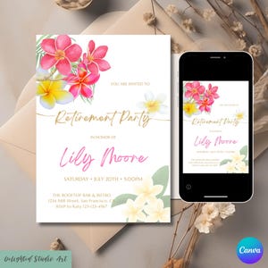 Tropical Floral Editable Retirement Invitation Template, Canva DIY Flower Printable Woman Retirement Party Invite, Retirement Download Card