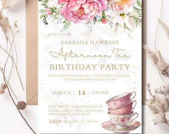 Floral Afternoon Tea Birthday Party Invitation: Vintage Garden (Digital Template)