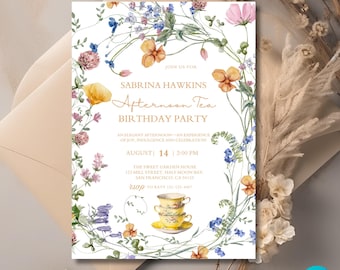 Floral Afternoon Tea Birthday Party Invitation: Vintage Garden (Digital Template)