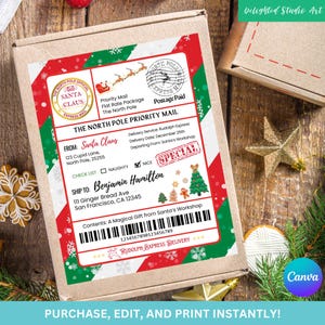 Etiqueta de presente da oficina do Papai Noel, modelo personalizado para impressão, adesivos de correio do Pólo Norte editáveis para remessa, etiqueta de presente de Papai Noel de Natal