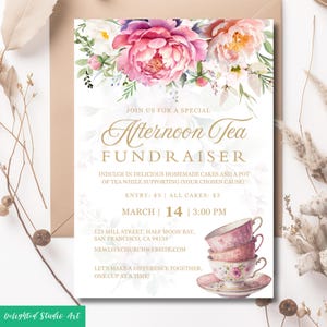 Modèle d'invitation de collecte de fonds pour l'école et l'école du thé de l'après-midi, invitation modifiable de Flyer pour un événement caritatif, Invitation à une fête de thé dans le jardin pour femmes, toile