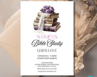 Könnte beinhalten: Eine weiße Einladung mit einem Stapel Bücher und lila Blumen. Der Text lautet "Women's Bible Study God's Love Tuesdays | 7:30PM Starts 8th March Location Name 123 Mill Street, Half Moon Bay, San Francisco, CA 94133 RSVP: Kate at 123 123 4567 newlifechurchwebsite.com"