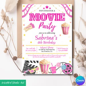Pink Kino Geburtstagsparty Einladung Vorlage, CANVA Printable Kino Geburtstag einladen, Hinterhof Popcorn Kino Karte Einladung