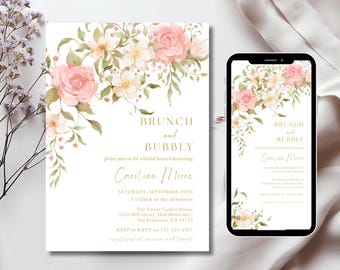Szablon zaproszenia na brunch ślubny w kolorze różowego różu z kwiatowym wzorem (do pobrania w wersji cyfrowej)