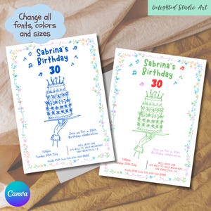 May include: A printable birthday invitation with a colourful floral border. The invitation features a cartoon cake with candles and the text "Sabrina's Birthday 30". The invitation includes details for a 30th birthday celebration at Mill Rose Inn, 615 Mill St, Half Moon Bay, San Francisco, CA. The invitation also includes the date and time of the event, 7:00pm on Sunday, 20th July, and a request to RSVP by 5th July.
