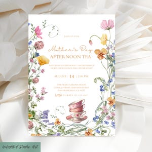 Bewerkbare bloemen Moederdag Tea Party uitnodiging sjabloon, afdrukbare uitnodiging High Tea Party, Moederdag Evite, moeder brunch uitnodigen, Tea Time