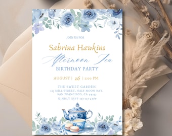 Blue Floral Afternoon Tea Birthday Invitation (DIY Canva Template)