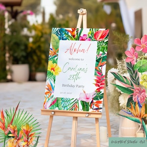 Plantilla editable de letrero de bienvenida para fiesta de cumpleaños tropical floral, señalización descargable digitalmente, letrero de bienvenida bohemio de verano Aloha, letrero de entrada