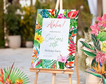 Tropical Floral Theme Birthday Party Welcome Sign: Editable Template (Digital Download), Luau Sign