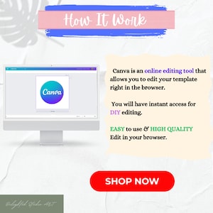 May include: A computer screen displaying the Canva website with the text "How It Work" in a pink and blue banner at the top. The text "Canva is an online editing tool that allows you to edit your template right in the browser." is displayed in a white box. The text "You will have instant access for DIY editing." is displayed in a white box. The text "EASY to use & HIGH QUALITY Edit in your browser." is displayed in a green box. The text "SHOP NOW" is displayed in a red button.