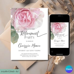 Floral Editable Retirement For Women Invitation Template, Canva DIY Flower Printable Woman Retirement Party Invite, Retirement Download Card