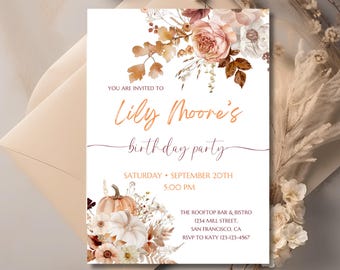 May include: A digitally printable birthday party invitation with floral and pumpkin illustrations. The invitation reads "Lily Moore's birthday party" with event details. The text at the top says "Print or Share Digitally, NOT require CANVA PRO".