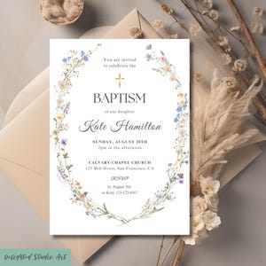 Pink Wildflower Baptism Invitation Template: Floral Christening Invite (Digital Download)