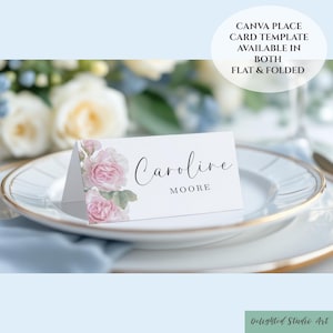 Plantilla de tarjetas de lugar para carpa de boda, editable, moderna y floral, Canva DIY, imprimible, personalizada, plegable, plana, para mesa, nombre, placa de nombre
