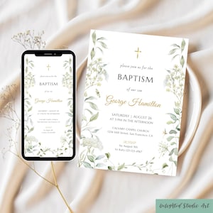 Minimalist Greenery Wildflower Baptism Invitation Template, Editable Baby Girl Boy Green Boho Baptism Invite, Christening Religious invite
