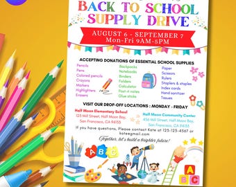 Back To School Supply Drive Flyer: Editable Template (Digital Download)