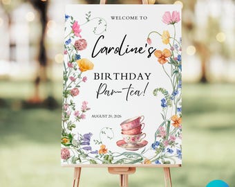 Afternoon Tea Birthday Welcome Sign: Floral Garden Party (Digital Download)