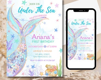 Könnte beinhalten: Ein Meerjungfrauen-Schwanz mit schillernden Schuppen und einem goldenen Glitzer-Design. Die Einladung ist für eine erste Geburtstagsfeier mit dem Text "Join us Under The Sea to celebrate Ariana's First Birthday" und Details zur Party.