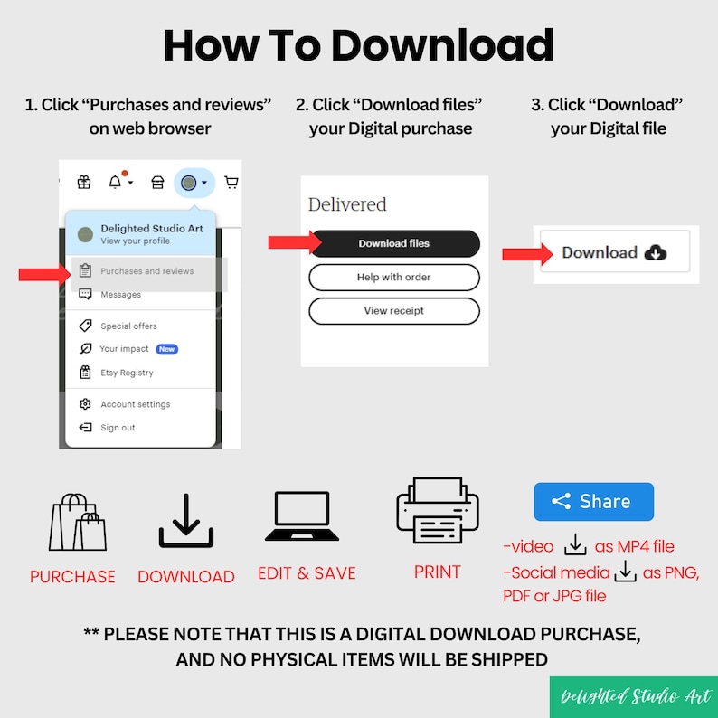 May include: A step-by-step guide on how to download digital files purchased on Etsy. The guide shows a screenshot of the Etsy website with instructions on how to access the "Purchases and reviews" section, then click on "Download files" to access the digital purchase. The guide also shows a screenshot of the download page with a button labeled "Download" to download the digital file.