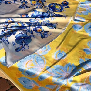 Silk square scarf, with a pattern of flowers, shawl, blue, yellow, red, pink, hair bandana with Ukrainian painting, bag accessory, Gift