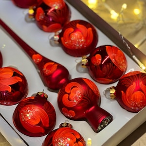 Large set of 10 Christmas tree ornaments,Glass Christmas tree decoration,Petrykivka painting,Hand painted,red decor, Glass Baubles,Xmas