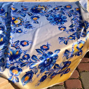 Silk scarf with floral pattern, hustka with picture printing, Petrykivka painting, women's scarf, square bandana, rayon, hair accessory,gift