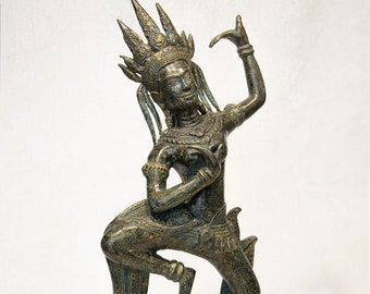 Posąg Apsary - Antyczny brązowy styl khmerski, tańcząca Apsara lub anioł z Angkor Wat - 40cm/16"